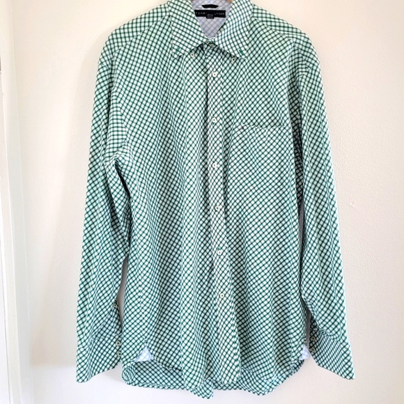 Tommy Hilfiger Mens Button Down Dress Shirt Green Plaid sz Lg Cotton 17 - Picture 1 of 11